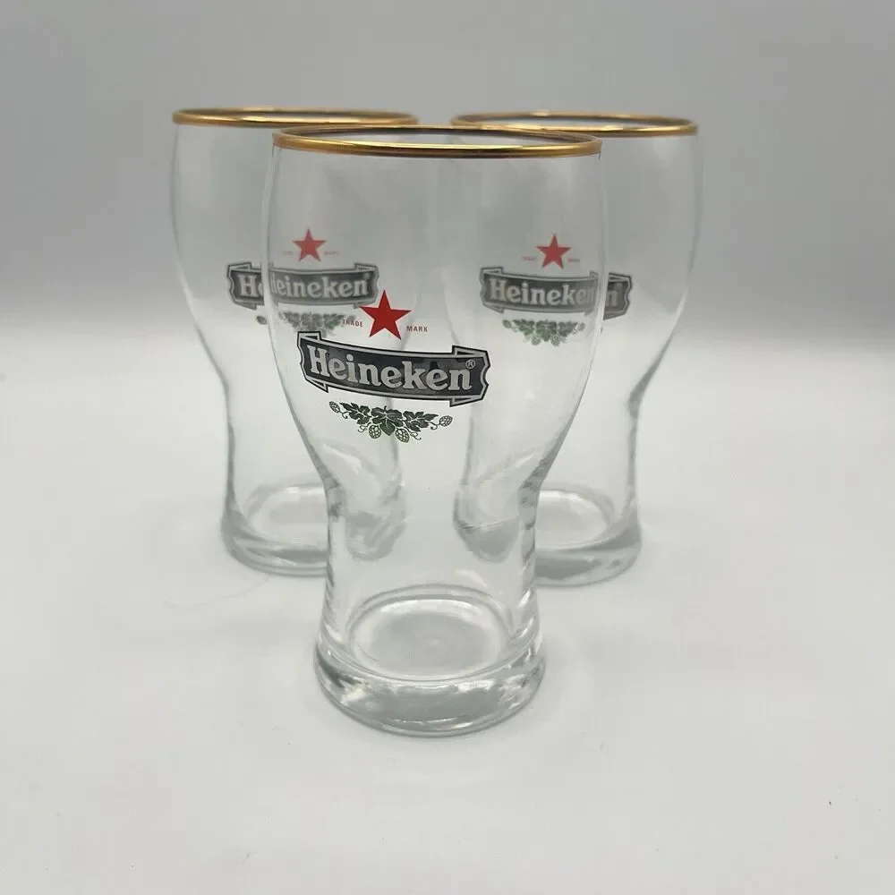 3 Heineken 300 ml Gold Rim Tulip Beer Glasses Holland Netherlands